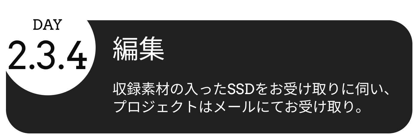 2.3.4日目、編集。収録素材の入ったSSDをお受け取りに伺い、
                                    プロジェクトはメールにてお受け取り。