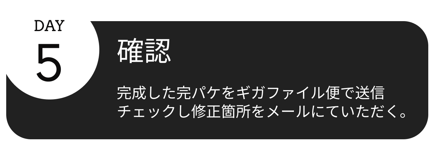 5日目、確認。完成した完パケをギガファイル便で送信
                                    チェックし修正箇所をメールにていただく。