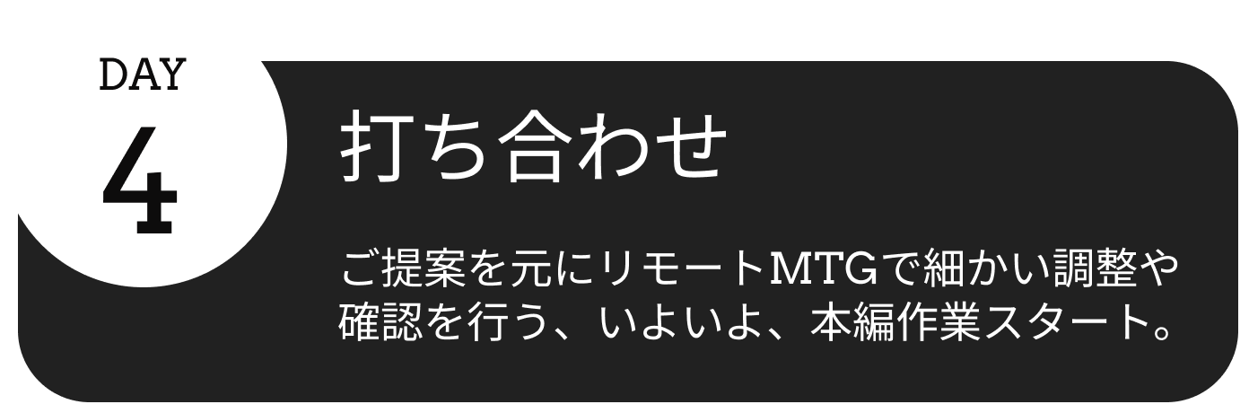 4日目、打ち合わせ。ご提案を元にリモートMTGで細かい調整や確認を行う、いよいよ、本編作業スタート。